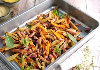 Frites de légumes aux lardons et herbes de Provence