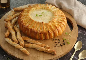 Brie feuilleté aux champignons, huile de truffe 