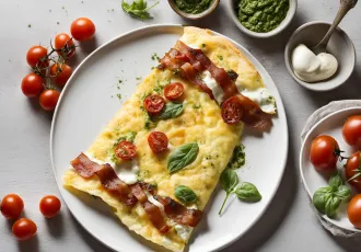 IA Omelette au bacon, pesto, mozzarella et tomates confites